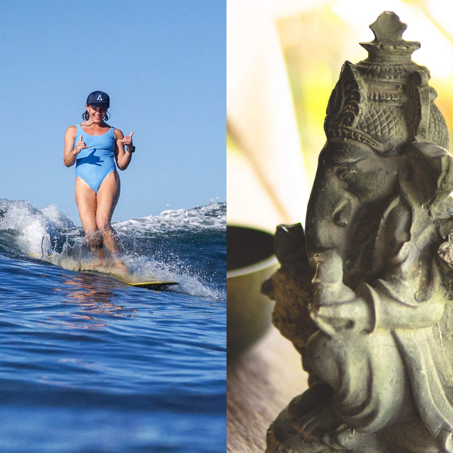 Woman surfing on the left and a statue of Ganesha on the right